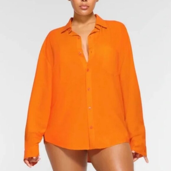 SKIMS Tops - SKIMS Cover Ups Long Sleeve Button Up Shirt Womens Medium Bright Orange NEW NWT
